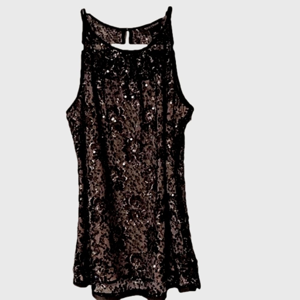 WHBM Black Floral Sequin & Mesh Sleeveless Top Tunic Y2K Glam Dark Romantic XS